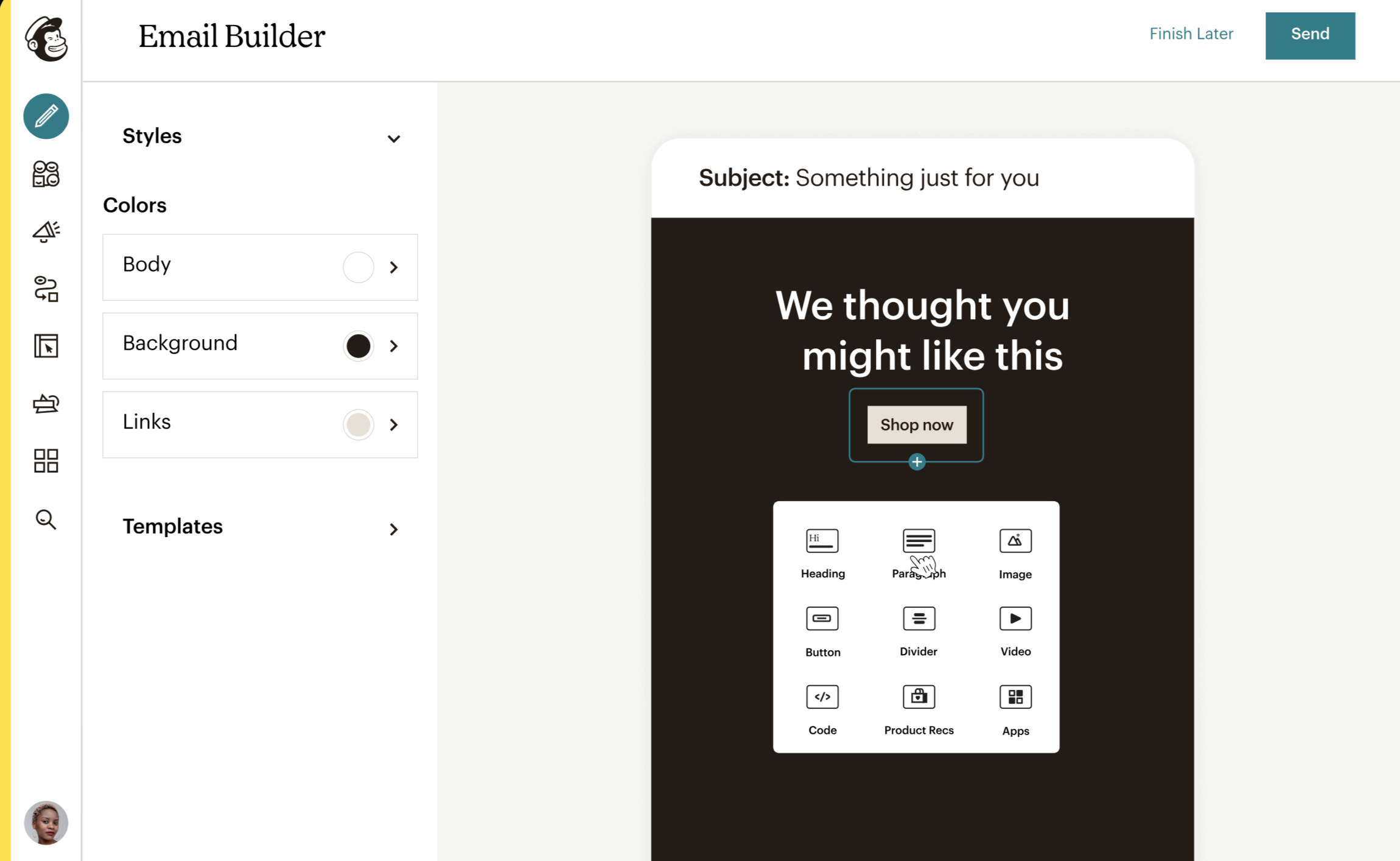 Mailchimp Email Builder interface displaying a customized email template