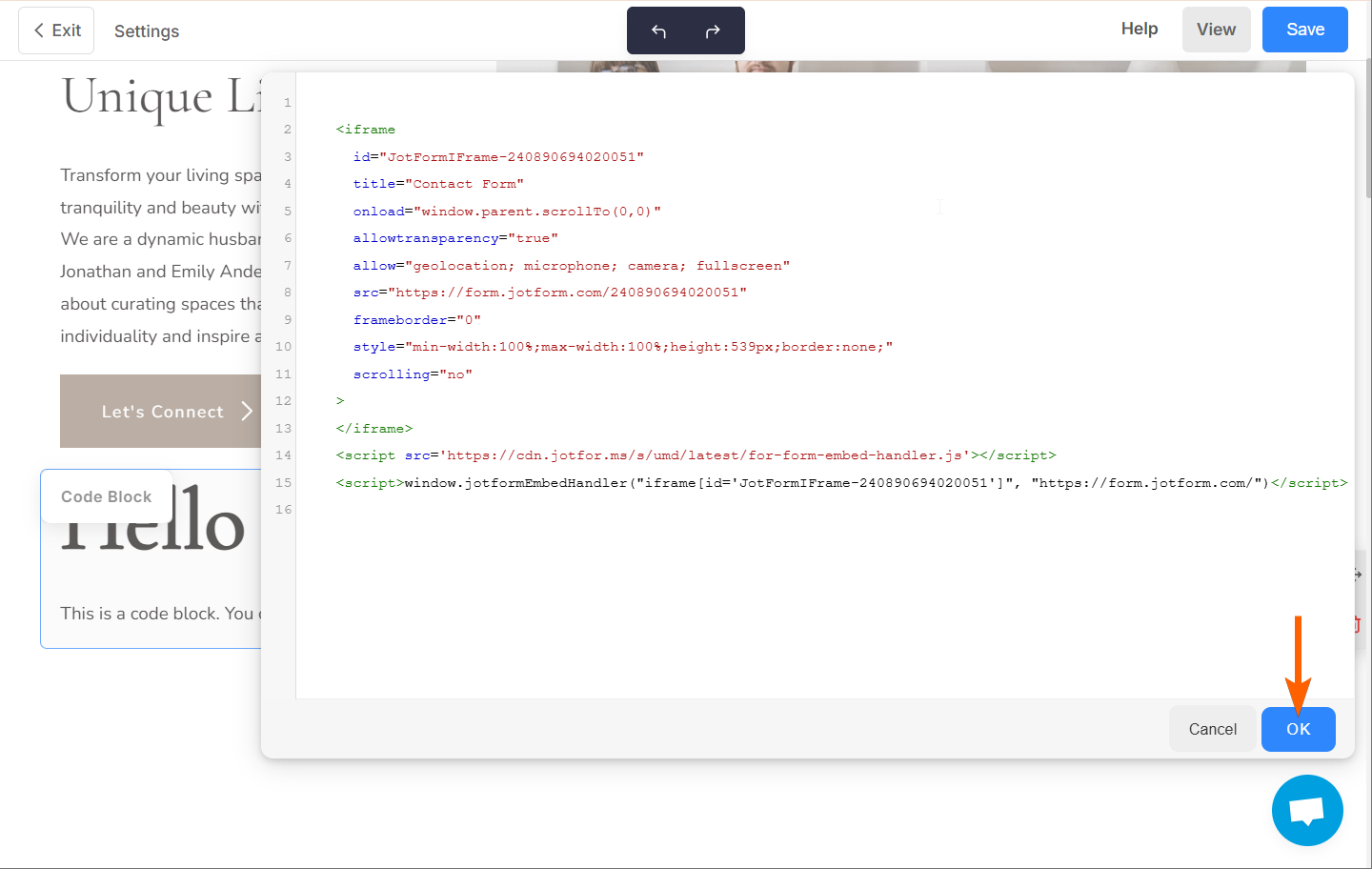 Ok button to save the Embed Code in Jotform