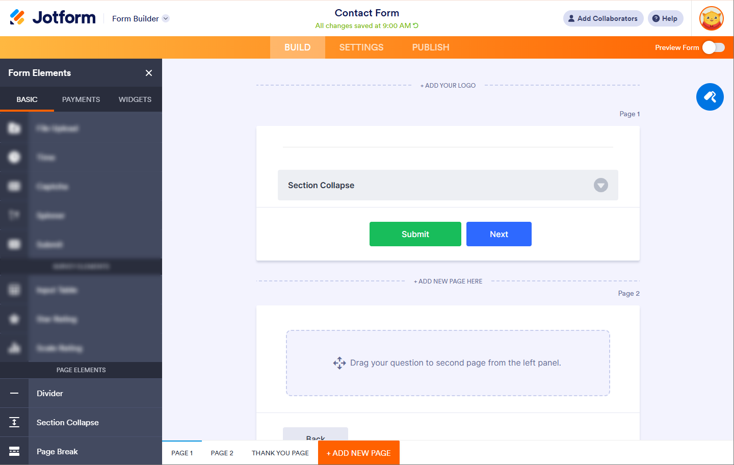 Elementos de Página de los Elementos del Formulario en Jotform Builder