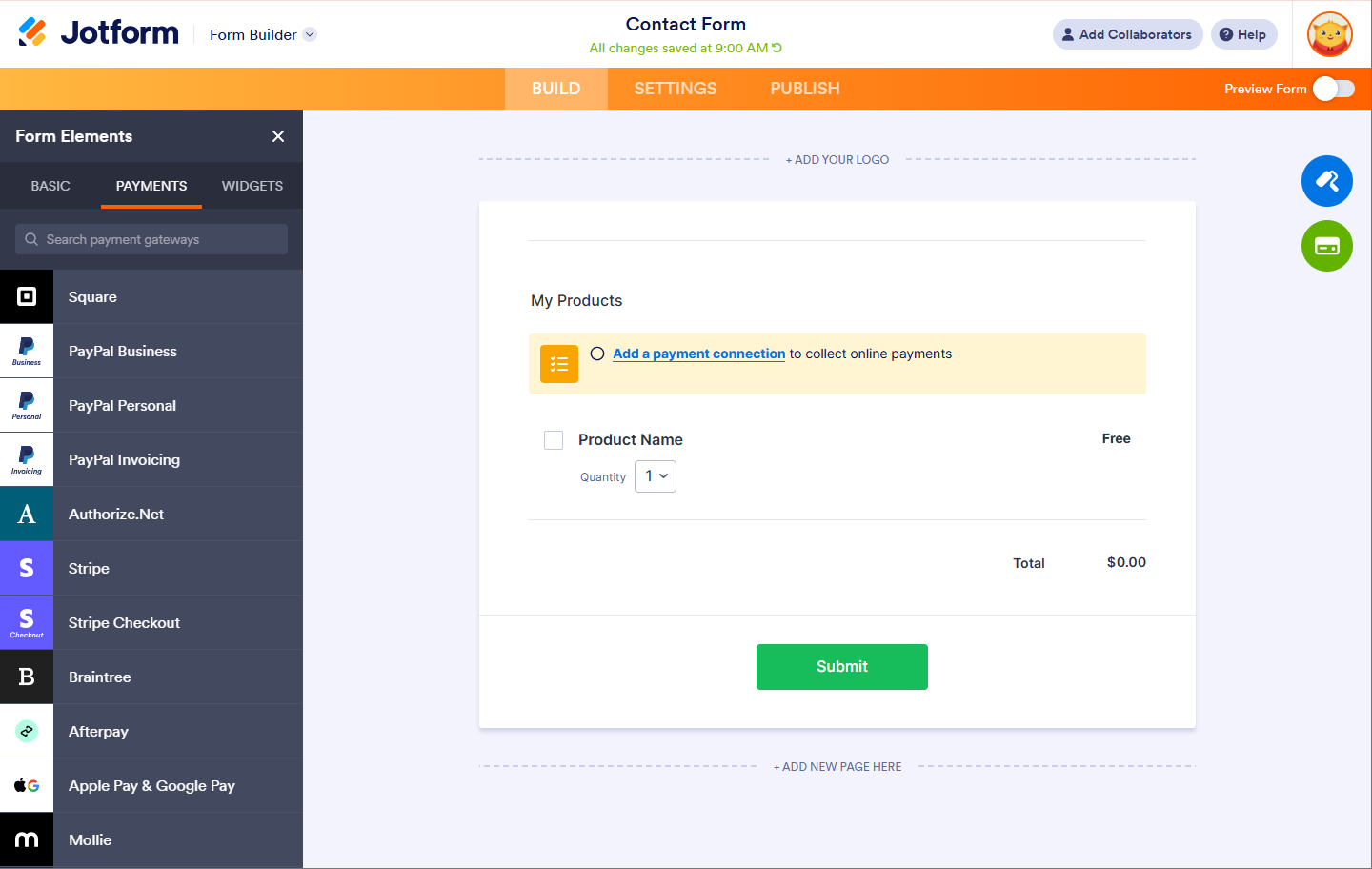 Elementos de Pago de los Elementos del Formulario en Jotform Builder