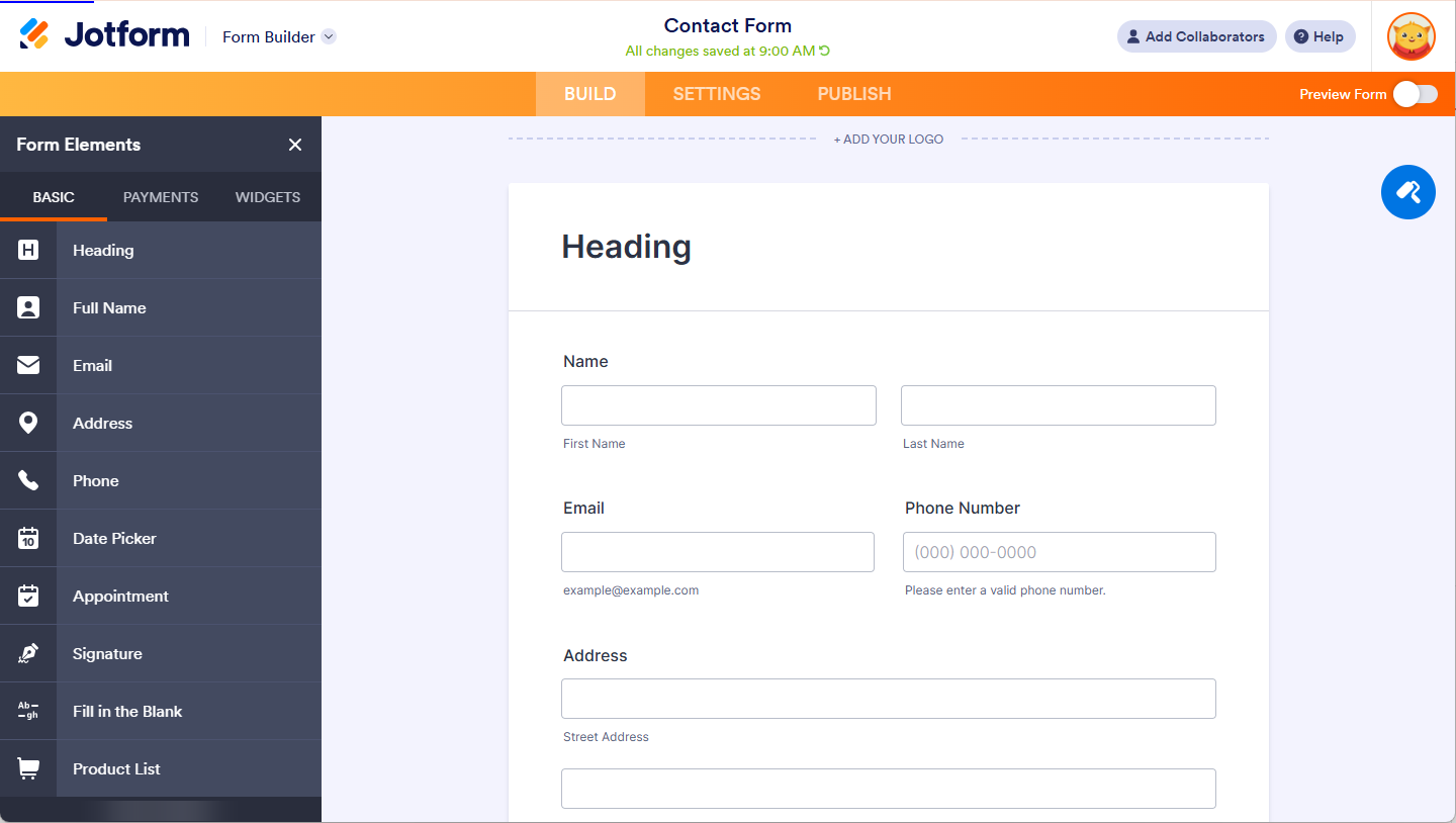Elementos Rápidos de los Elementos del Formulario en Jotform Builder