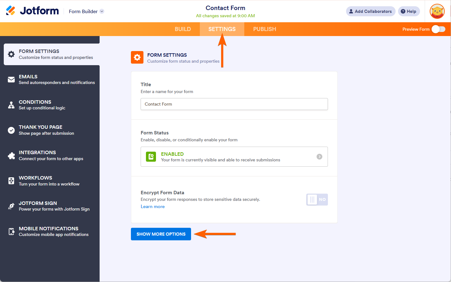 Opción de pestaña de Configuración en Jotform