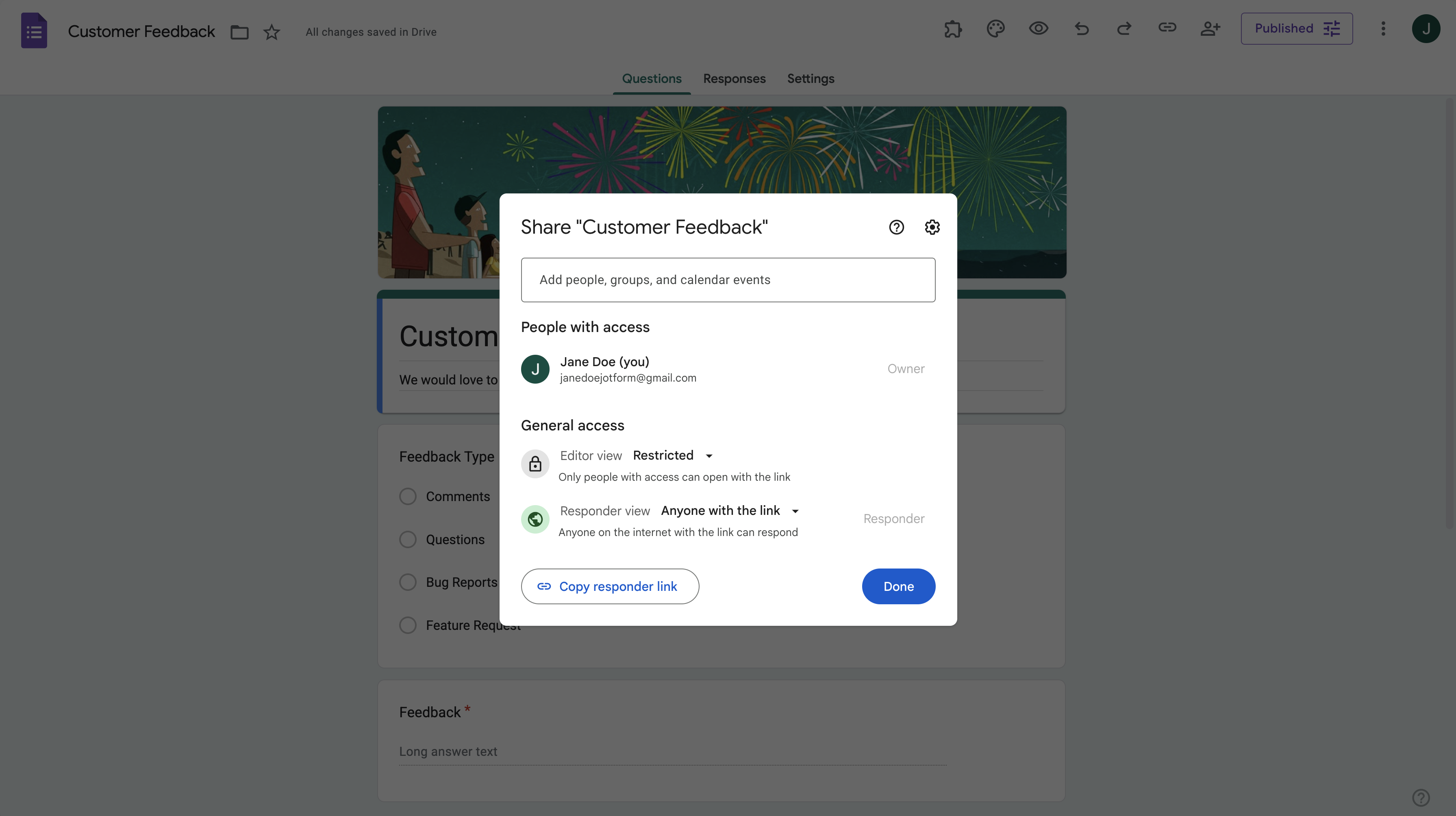 Google Form'da Paylaşma Penceresi Gösterimi