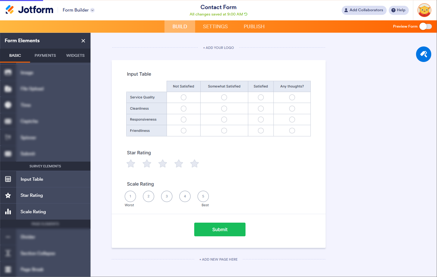 Elementos de Encuesta de los Elementos del Formulario en Jotform Builder