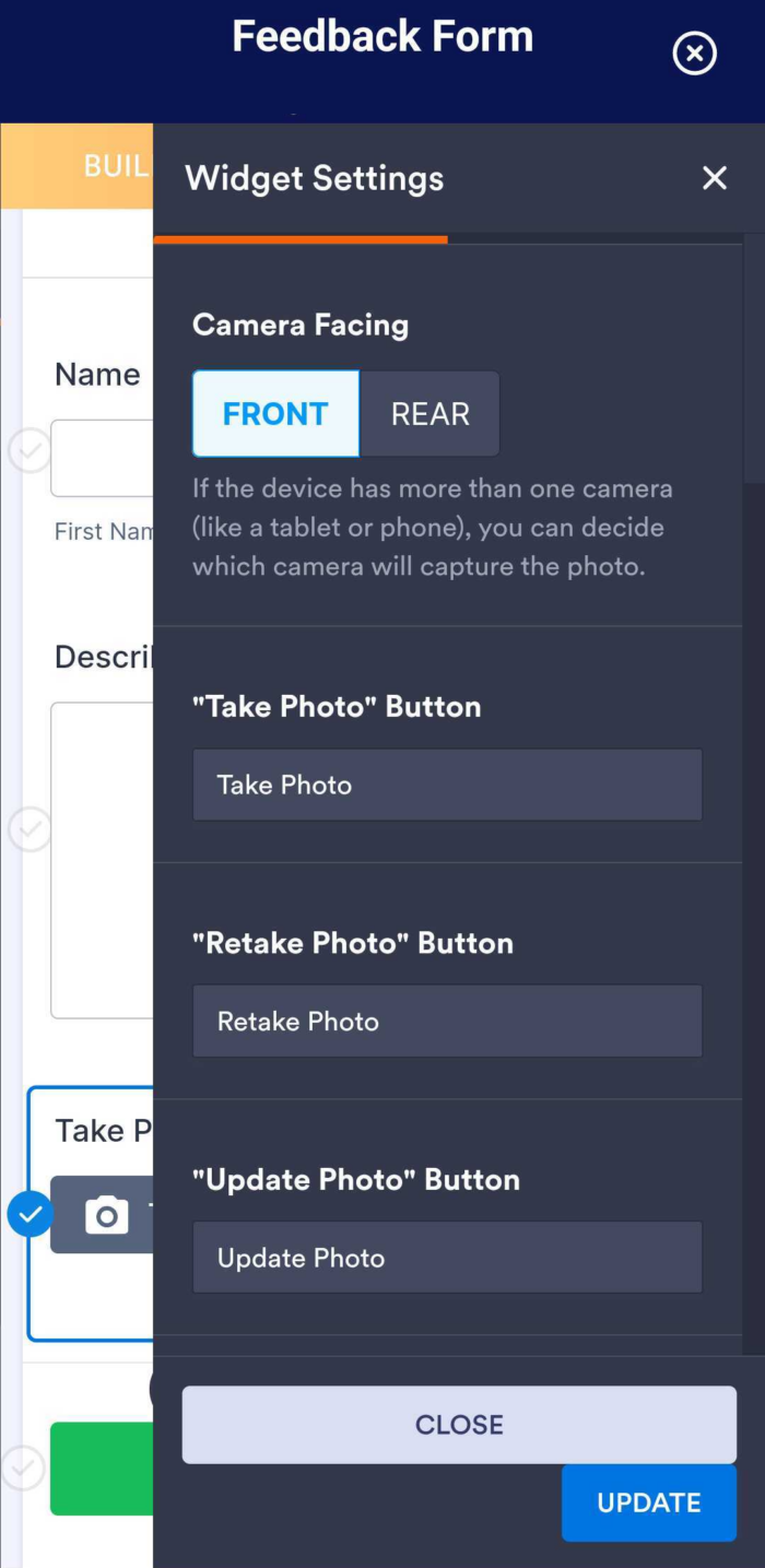 Ajustes del Widget de Tomar Foto en Jotform Mobile Forms