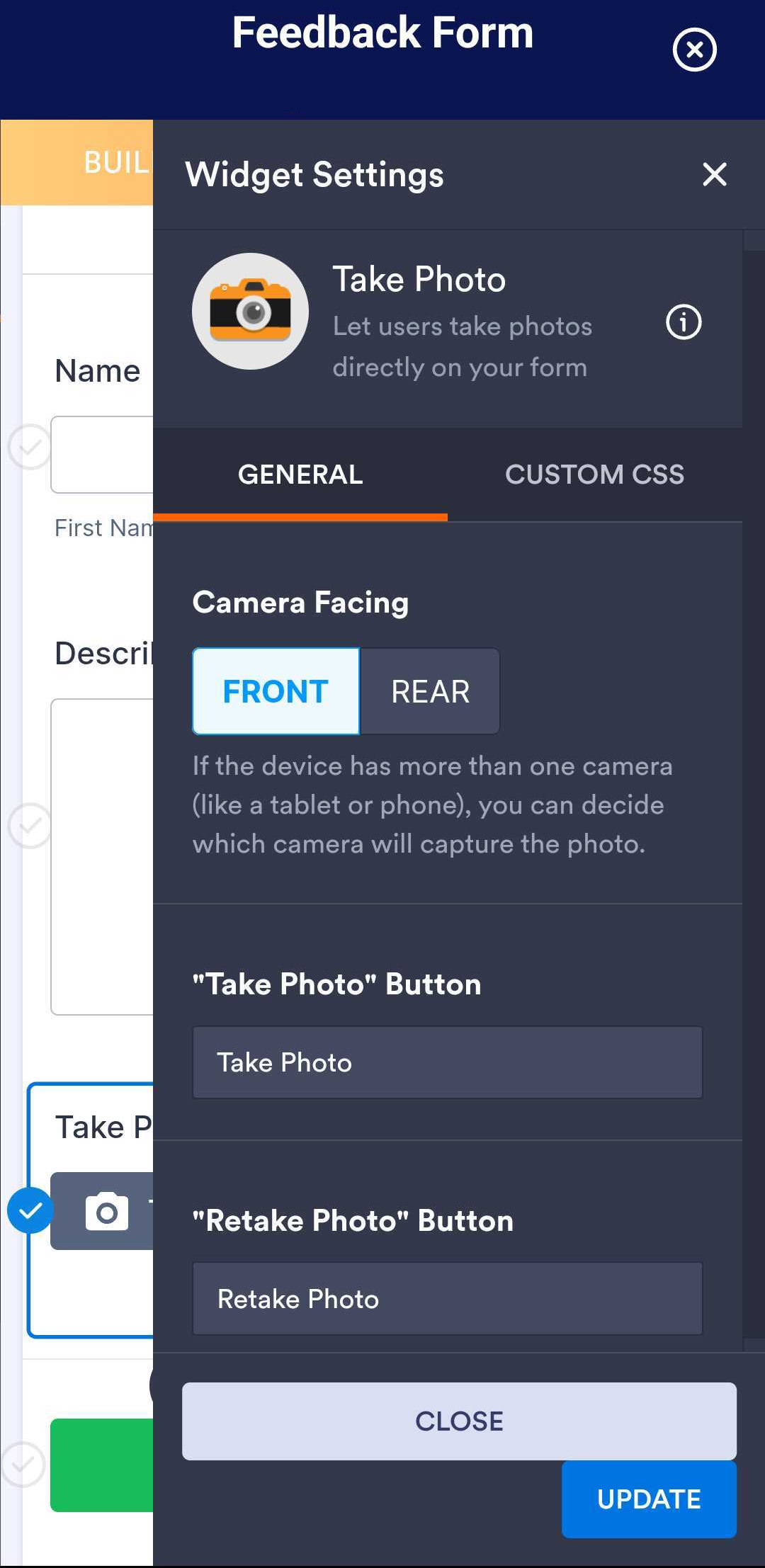 Ajustes del Widget de Tomar Foto en Jotform Mobile Forms