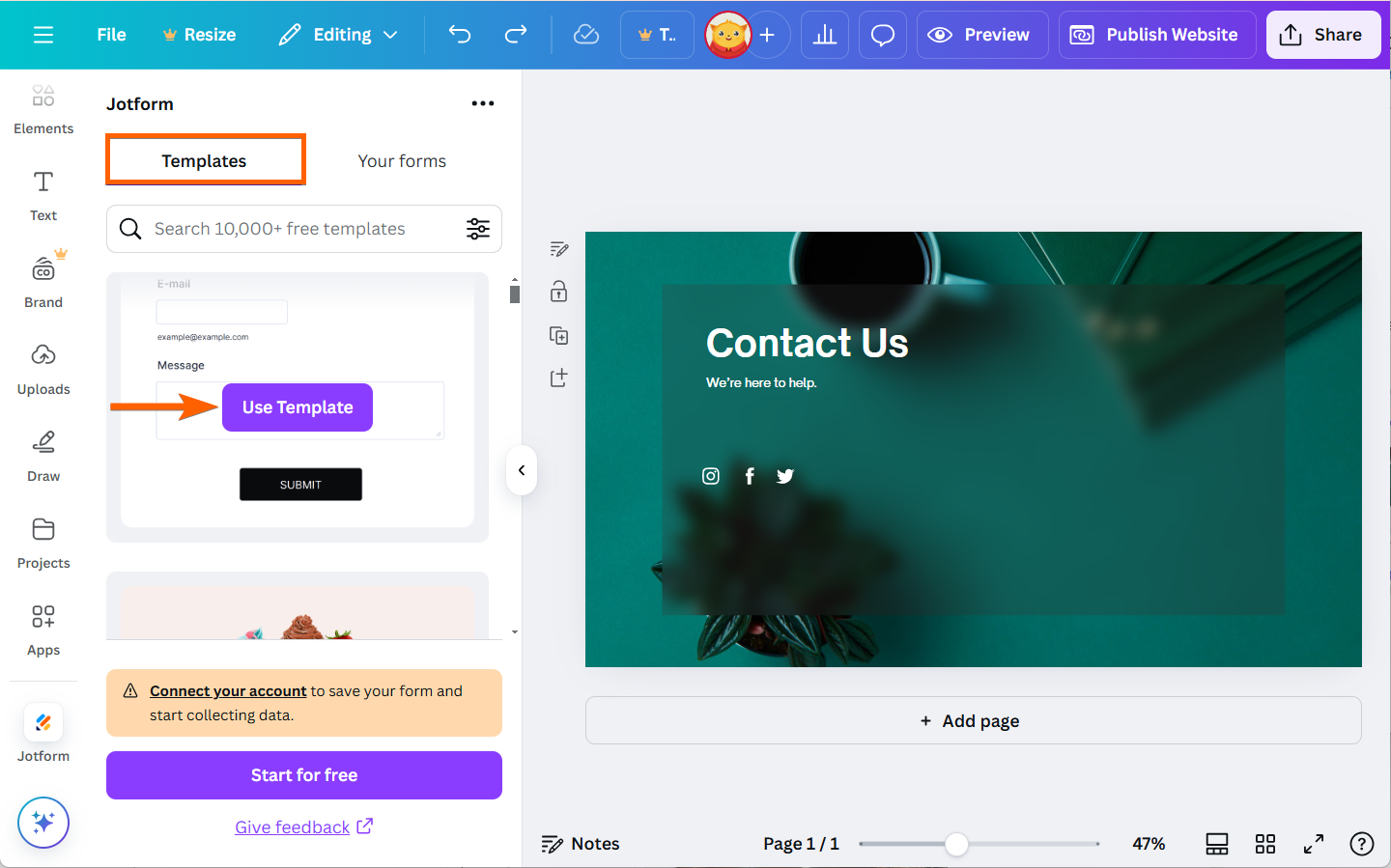 Botón Usar plantilla en la aplicación Jotform para Canva