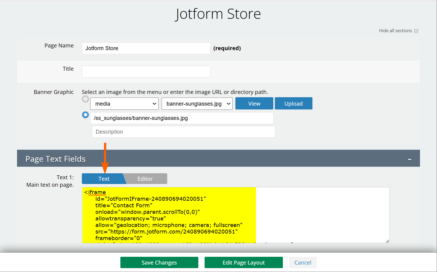 Text Button to paste your Jotform iFrame Embed Code