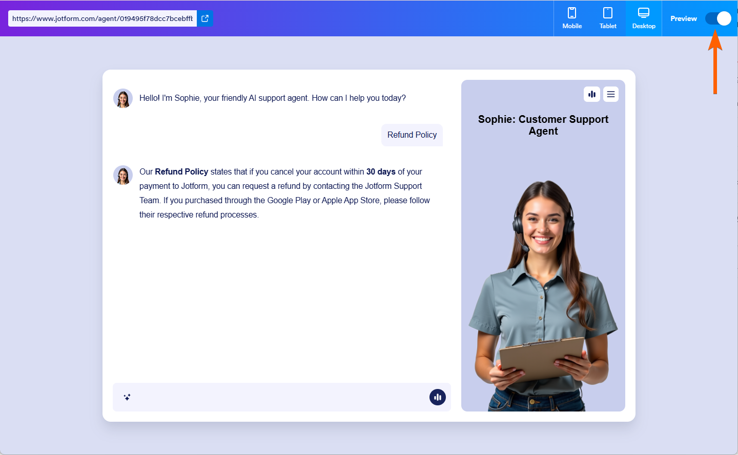 Toggle the Preview Button in AI Agent Builder in Jotform