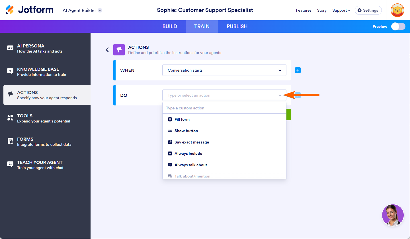 Trigger options in the Do dropdown of the Actions section in the Train tab of the Jotform AI Agent Builder