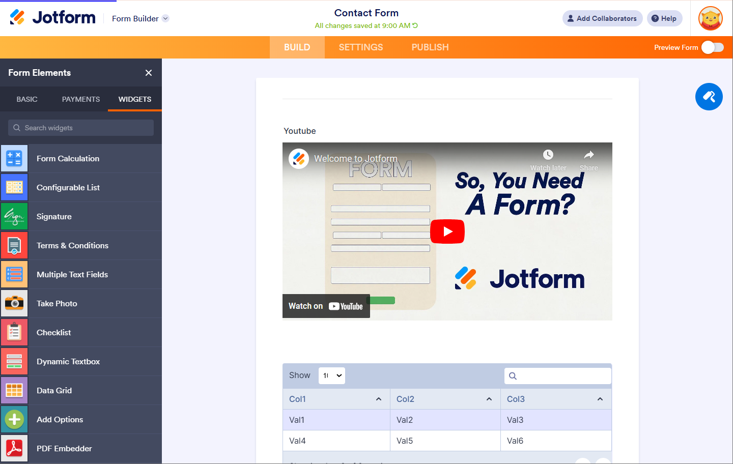 Widgets de los Elementos del Formulario en Jotform Builder