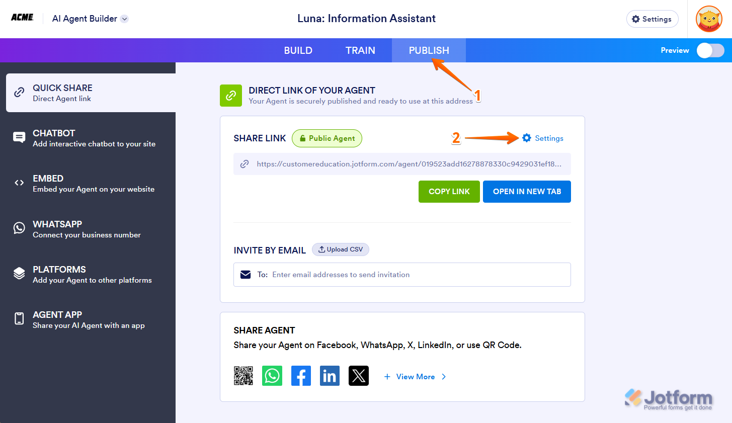 Settings link in the Publish tab of the Jotform Enterprise AI Agent Builder