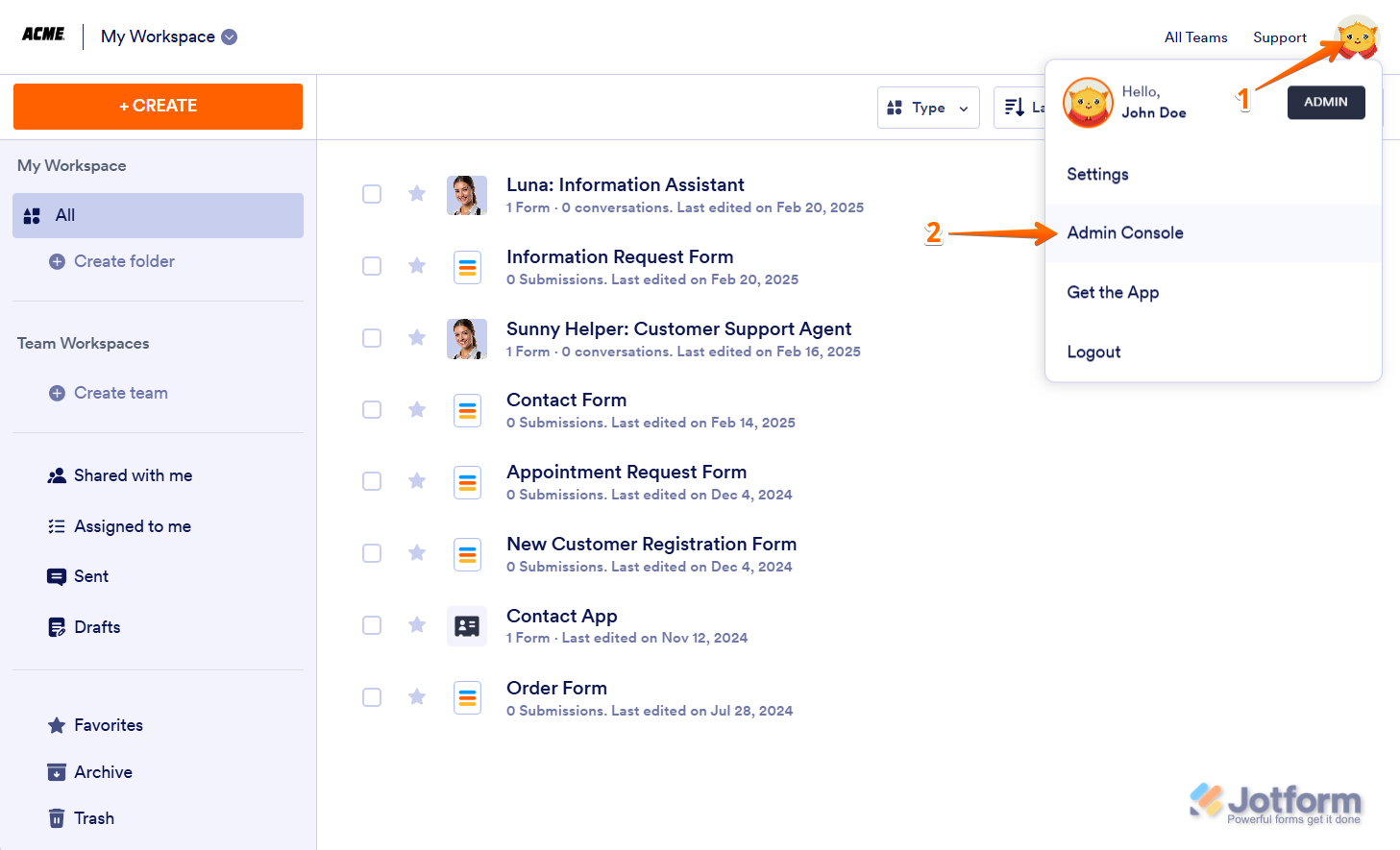 Admin Console menu in the Jotform Enterprise Server page