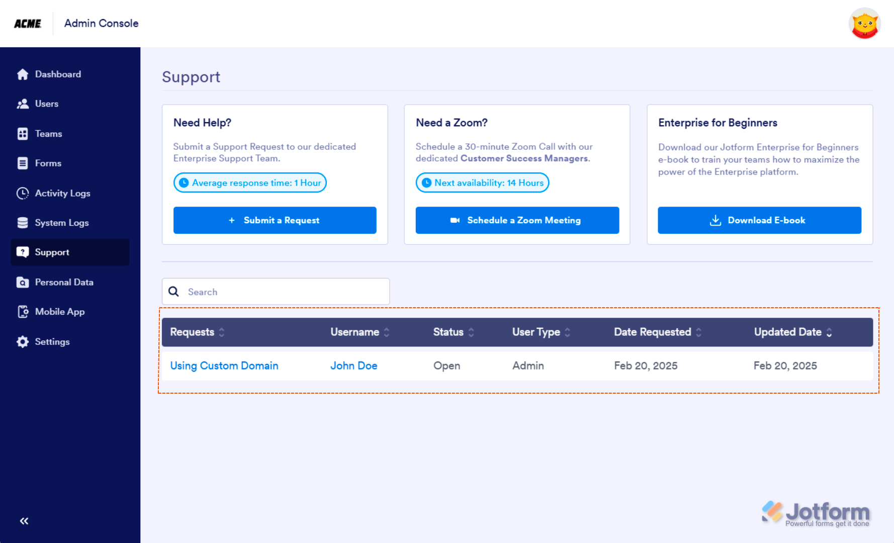 List of support ticket in the Jotform Enterprise Admin Console