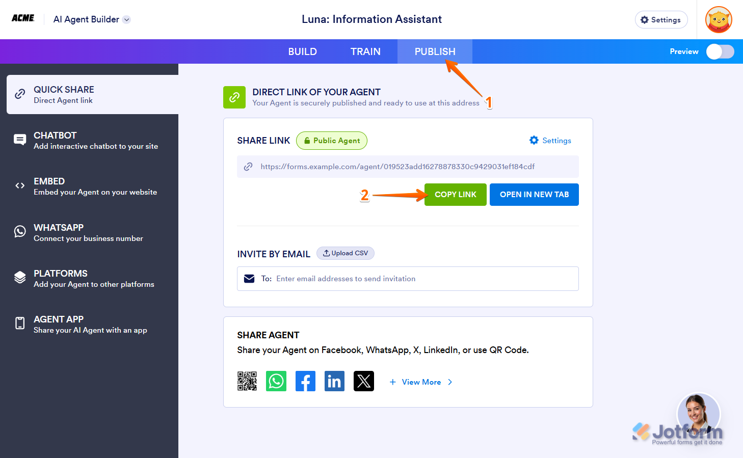Copy Link button in the Publish tab of the Jotform Enterprise Form Builder