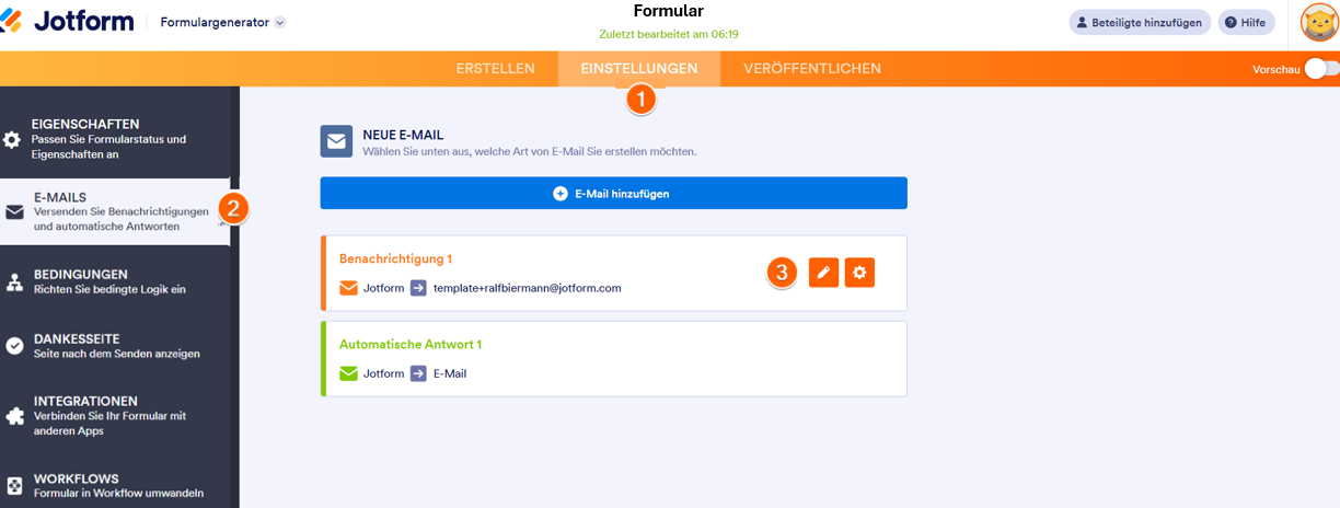 Benutzeroberfläche des Jotform Formulargenerators Klicken Sie auf die Registerkarte Einstellungen, dann auf die Registerkarte E-Mails und anschließend auf das Stiftsymbol zum Bearbeiten