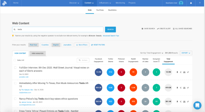 Benutzeroberfläche von BuzzSumo