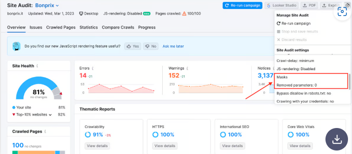Benutzeroberfläche von Semrush