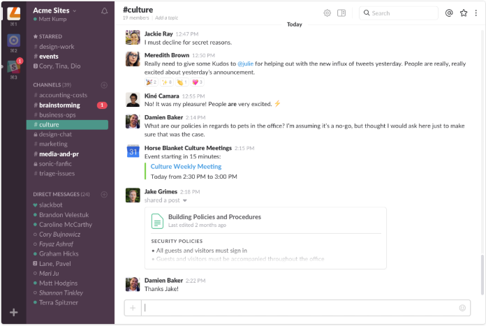 Benutzeroberfläche von Slack