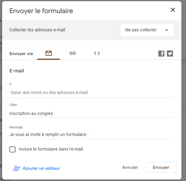 Capture d'écran de la fenêtre contextuelle « Envoyer le formulaire » sur Google Forms affichant l'option d’envoi du formulaire par email