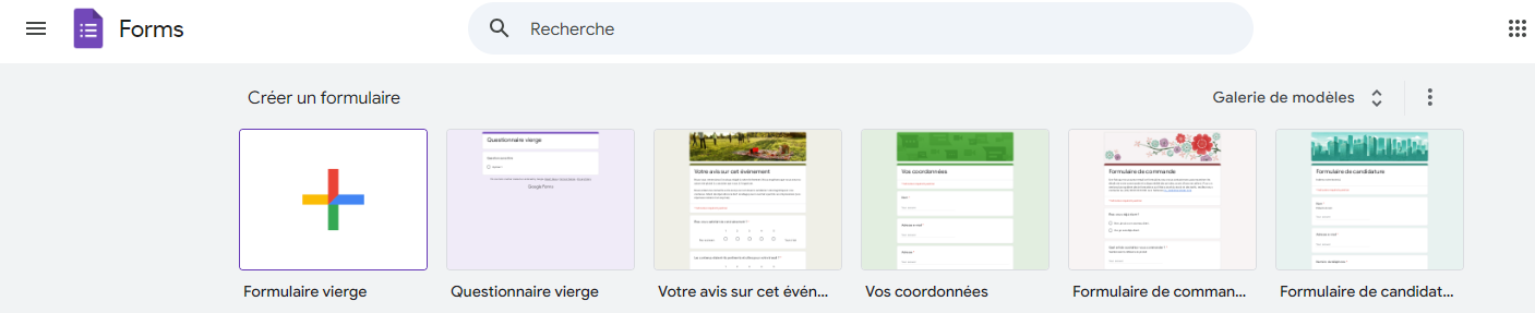 Capture d'écran du menu « Créer un formulaire » sur Google Forms, comprenant l’option de Galerie de modèles et Formulaire vierge