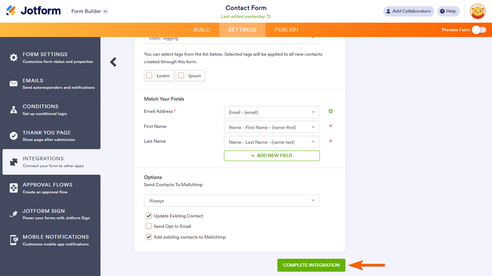 Form Builder "Complete Integration" Button