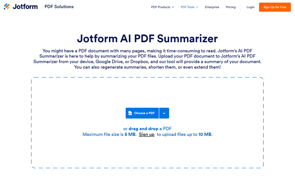 Jotform AI PDF Summarizer's landing page