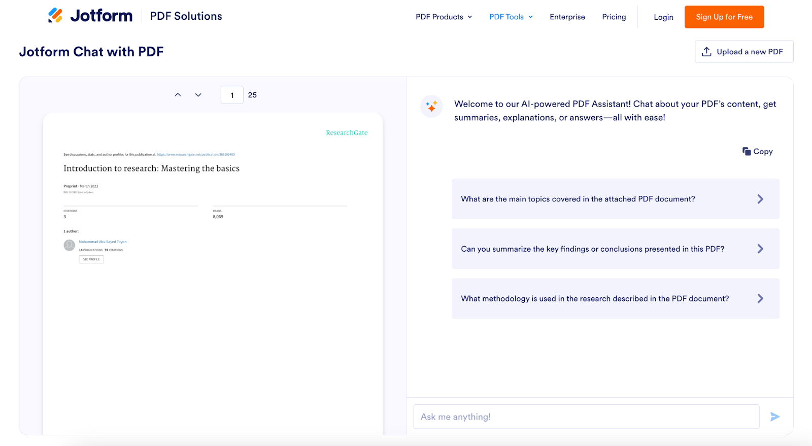Jotform Chat with PDF user interface
