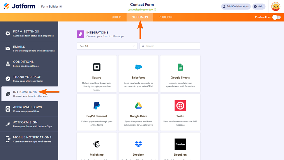 Jotform Form Builder "Settings"