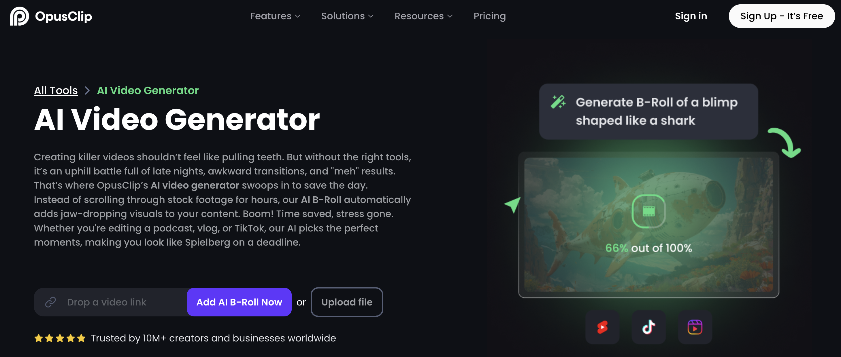 OpusClip AI-powered video editing tool landing