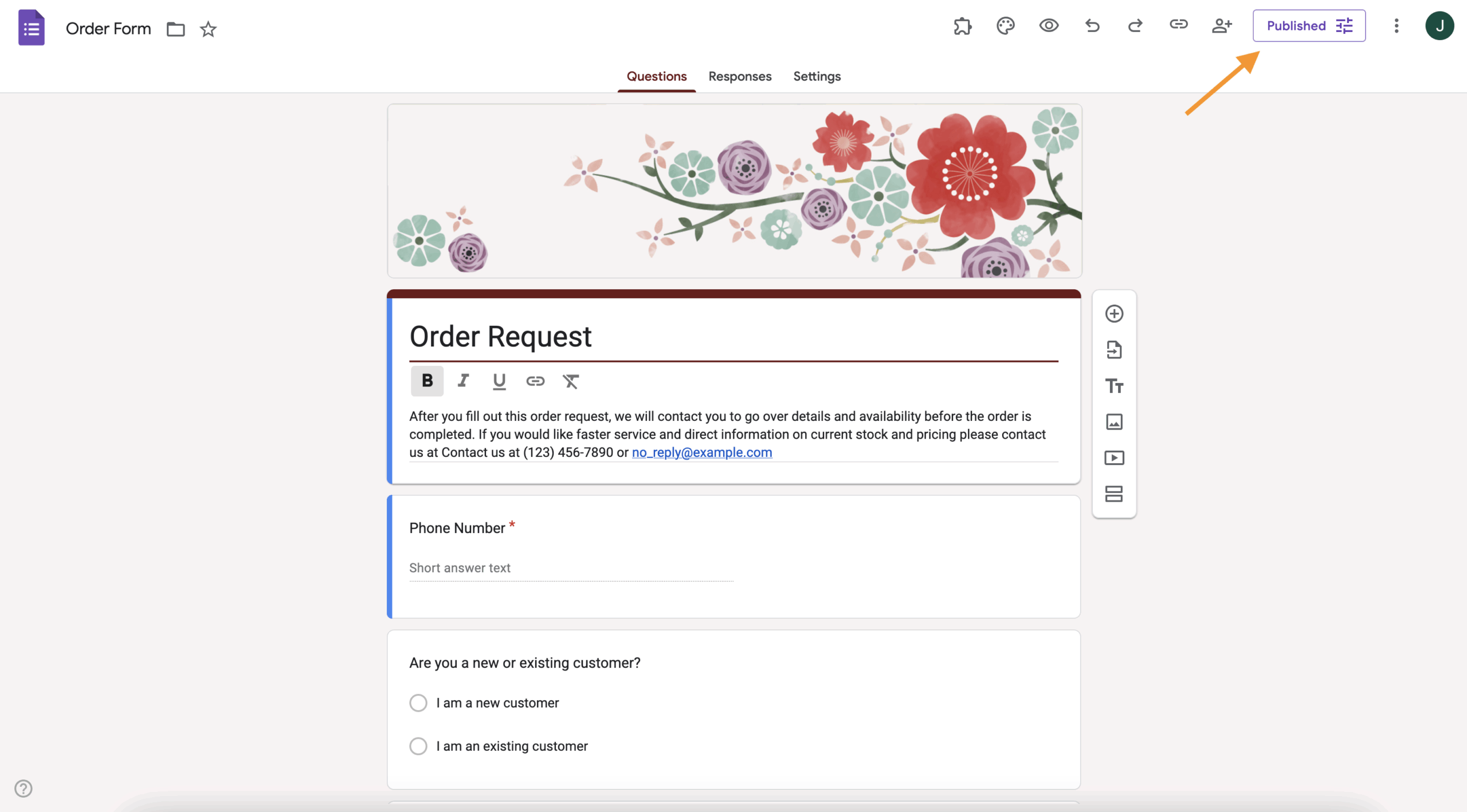 Clicking on the Publish button on Google Forms