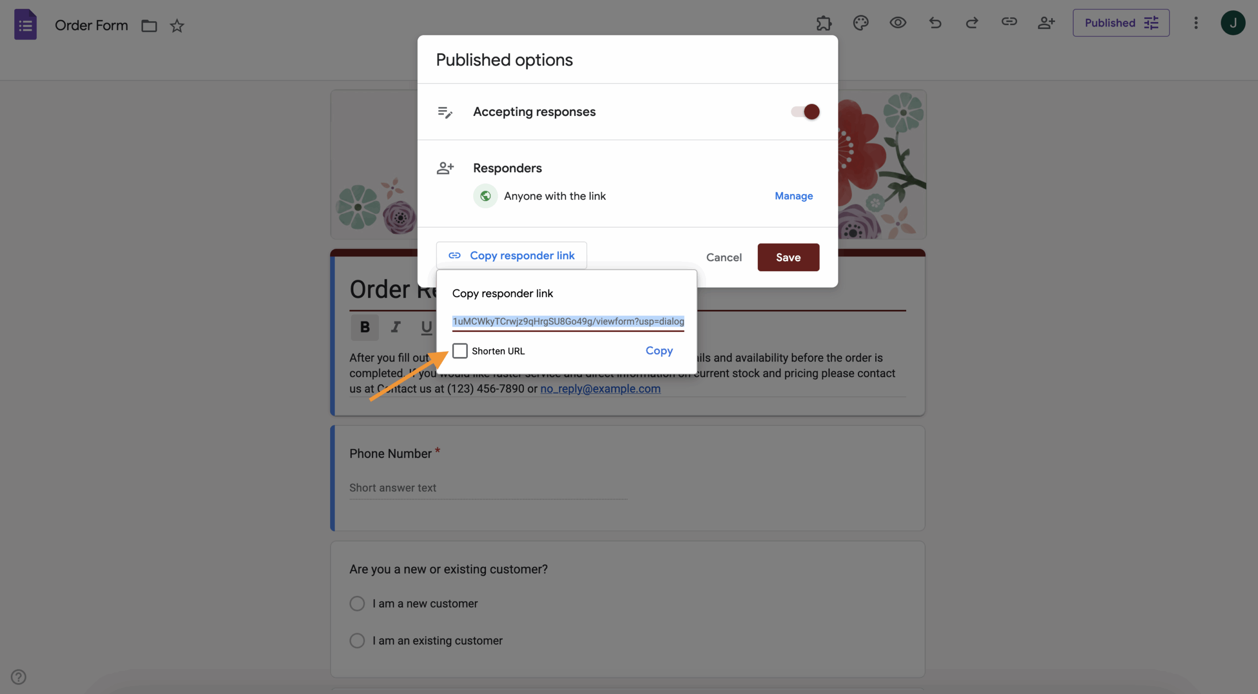 clicking shorten url on google forms