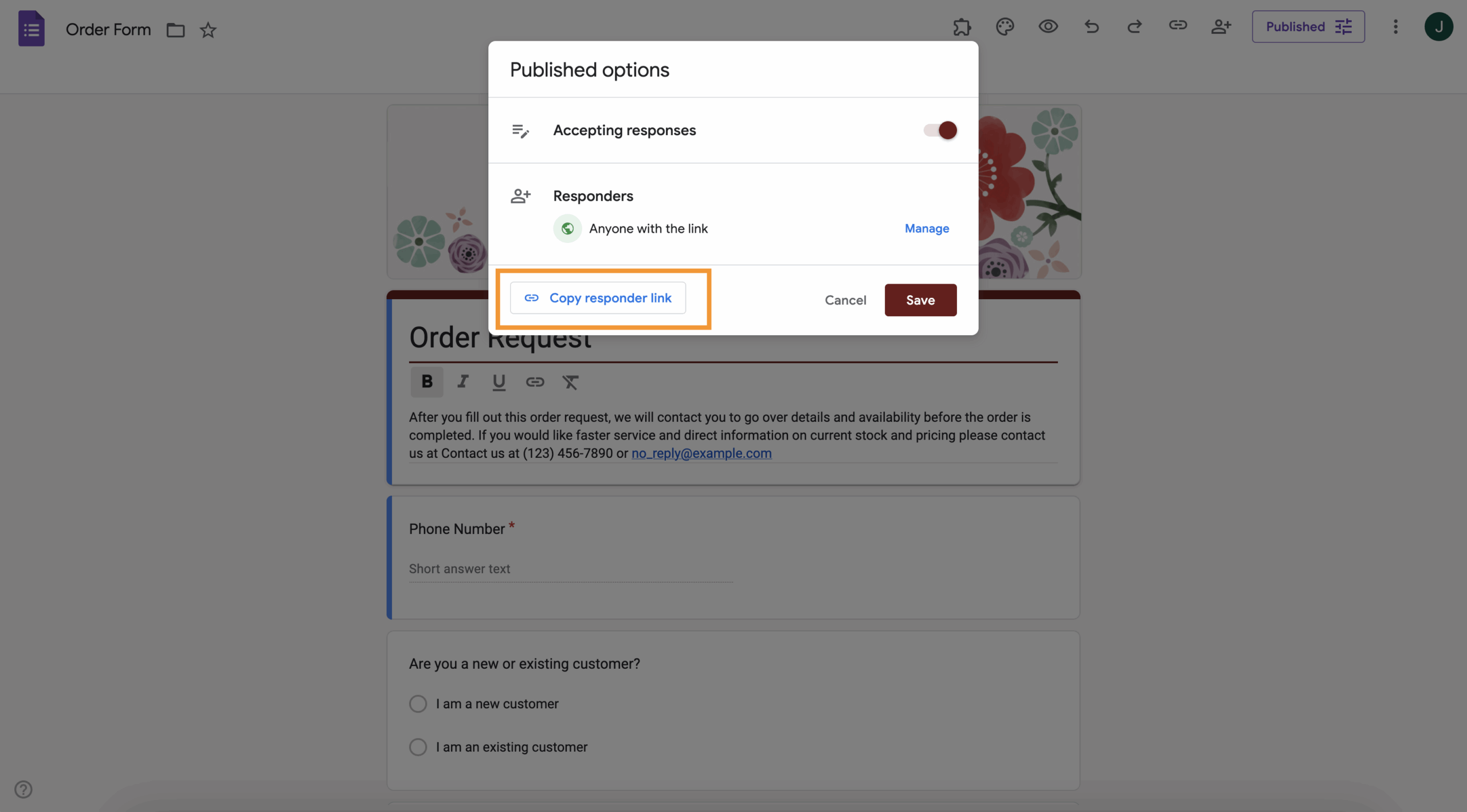 clicking copy responder link on google forms