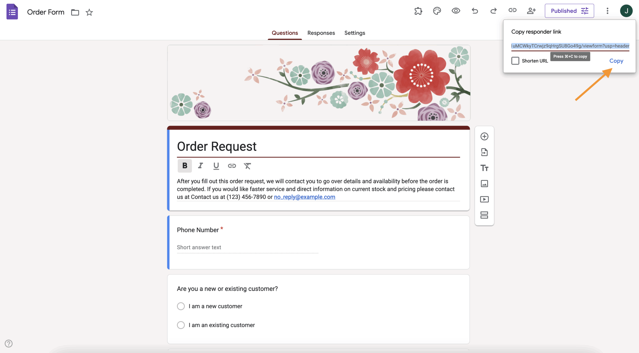 Clicking on the Copy button on the Copy responder link window on Google Forms