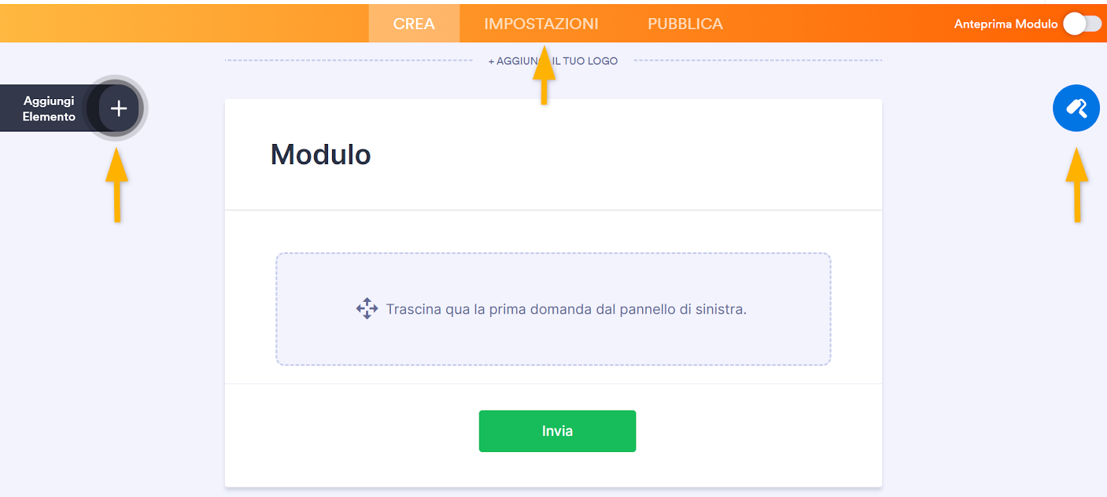 Screenshot del Costruttore di Moduli di Jotform con frecce che puntano al pulsante Aggiungi Elemento, al pulsante Designer modulo e alla scheda Impostazioni