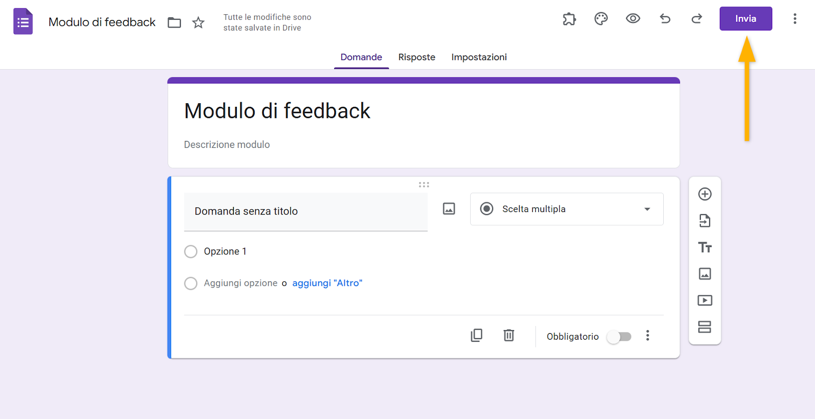 Screenshot del creatore di moduli di Moduli Google con una freccia che punta al pulsante Invia