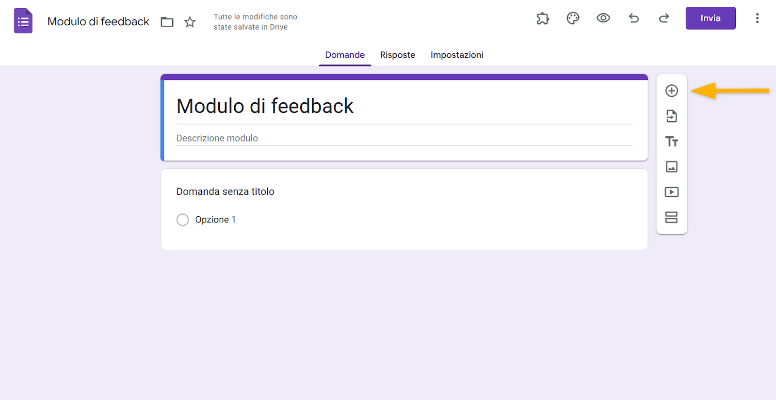 Screenshot del creatore di moduli di Moduli Google con una freccia che punta all'icona +