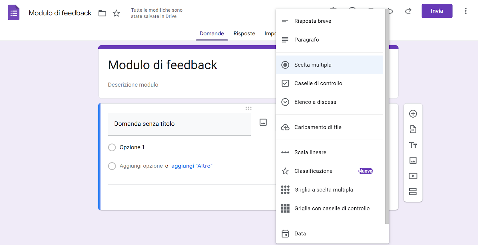 Screenshot del menu a discesa del tipo di domanda di Moduli Google 