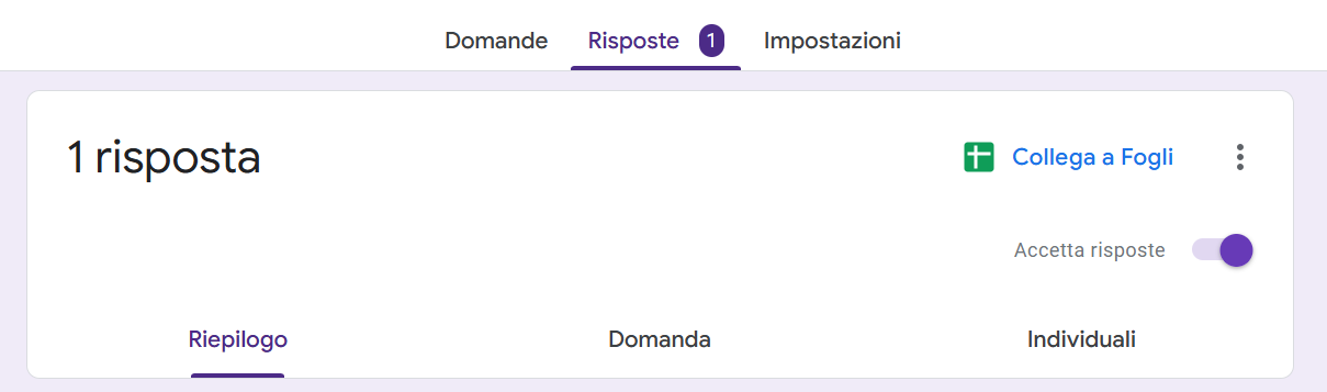 Screenshot della pagina Risposte di Moduli Google