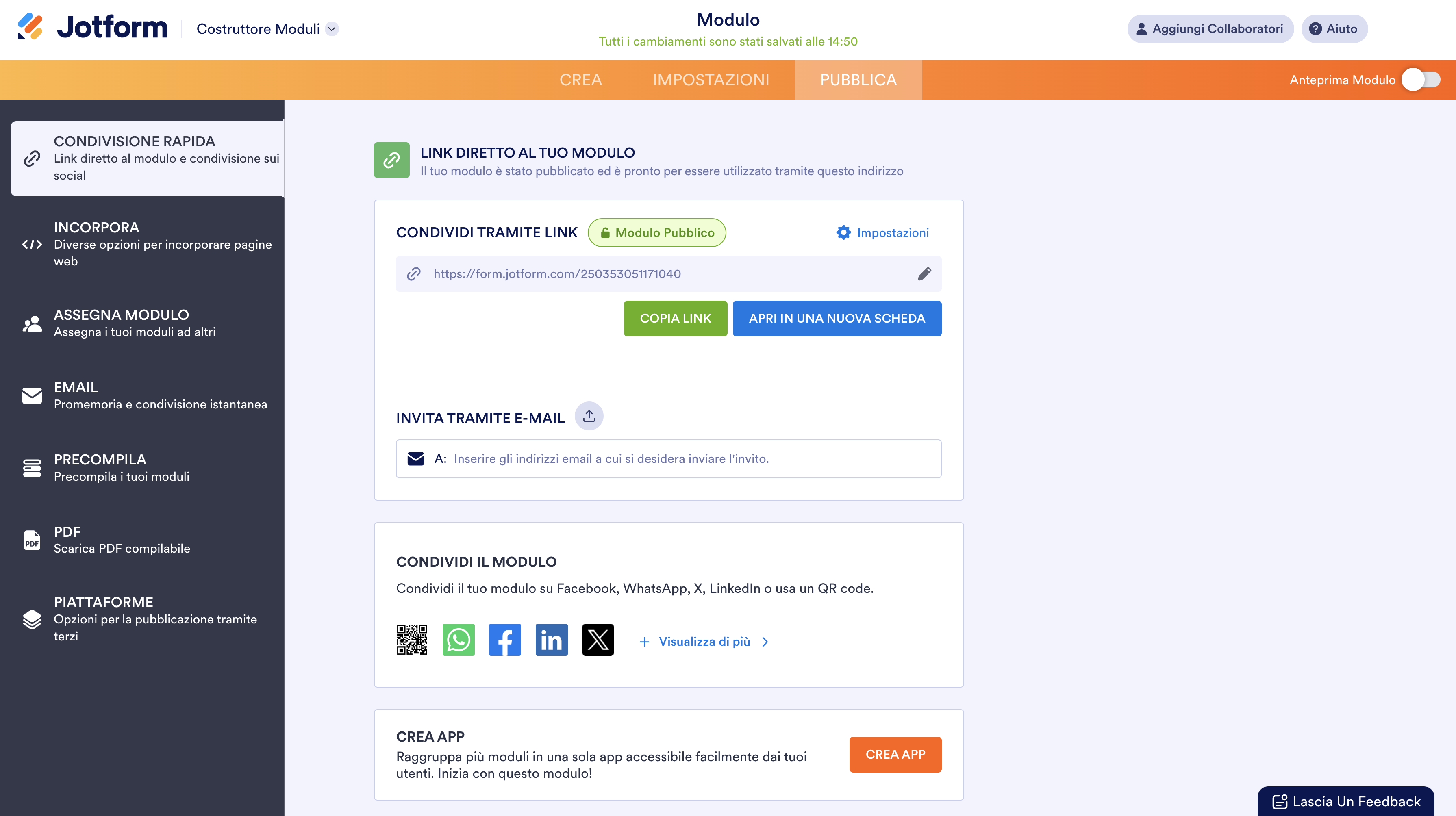 Screenshot delle opzioni di condivisione e pubblicazione dei moduli di Jotform