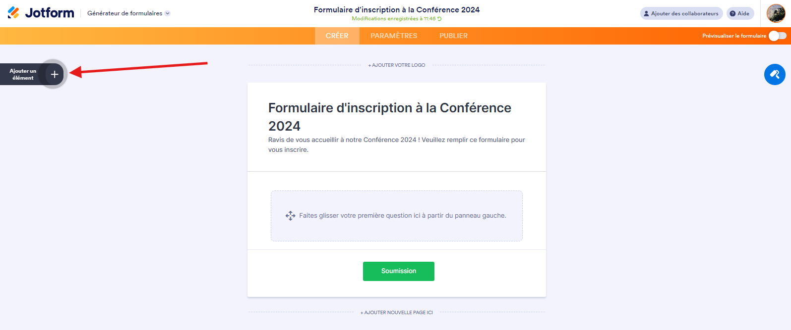 Un formulaire d'inscription à la Conférence 2024 vierge dans Jotform avec un appel à l'action pour ajouter des questions et un bouton Soumission