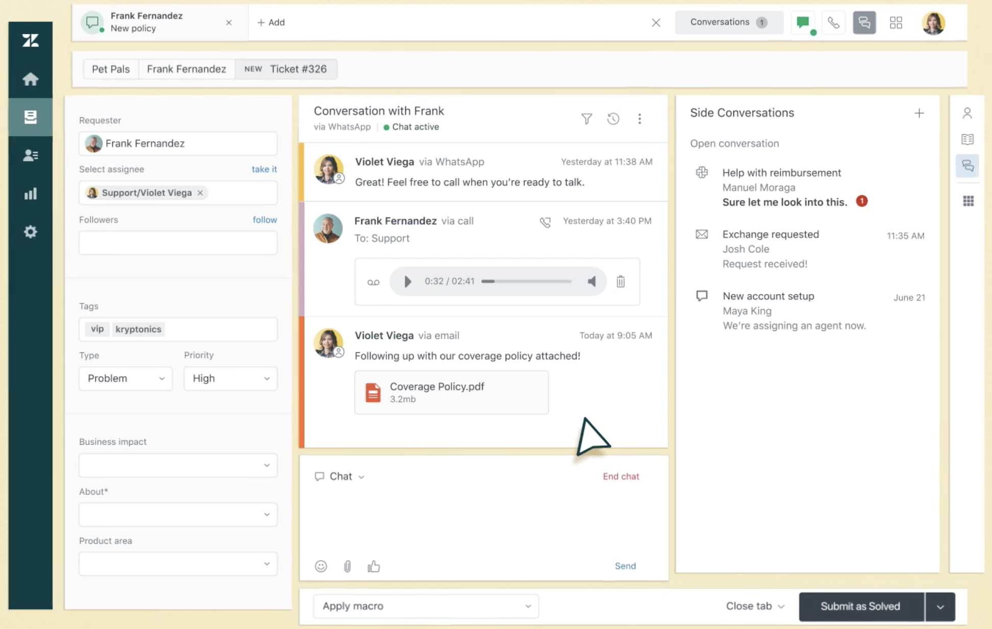 Zendesk user interface