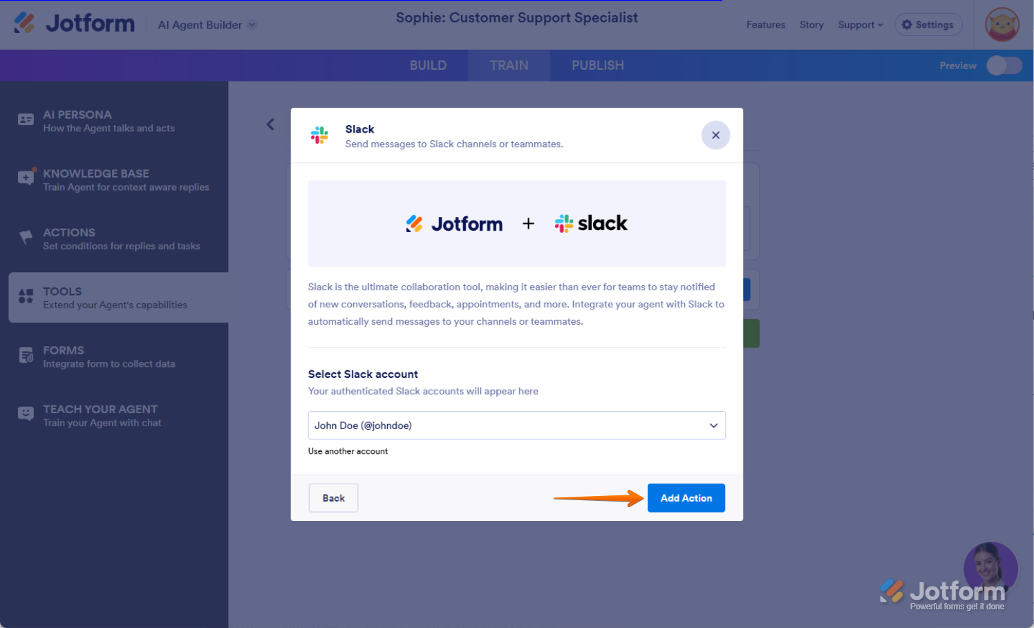 Add Action button in Slack Integration of AI Agent Jotform