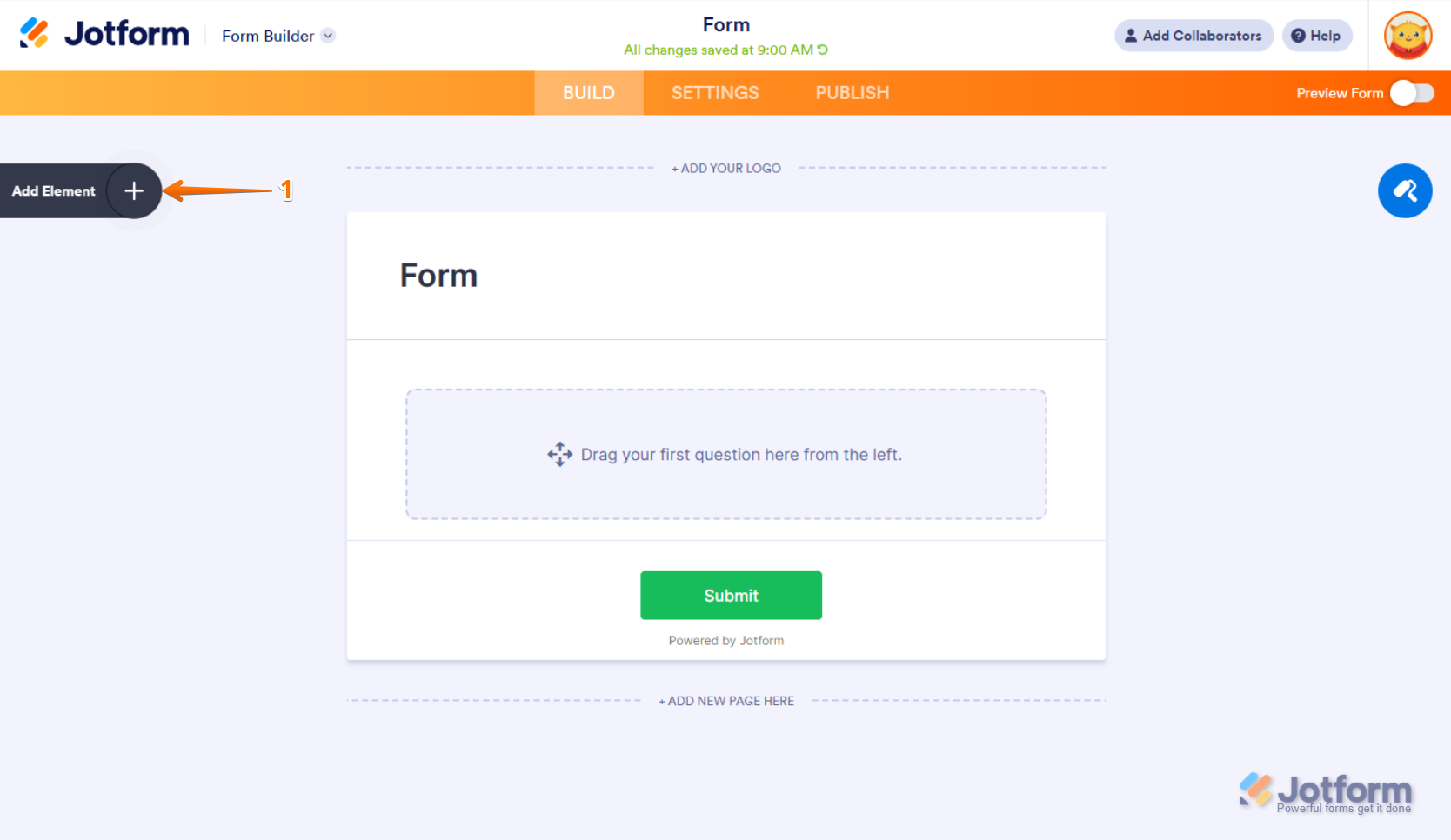 Form Builder interface showing the 'Add Element' menu on the left, providing access to various form elements and widgets