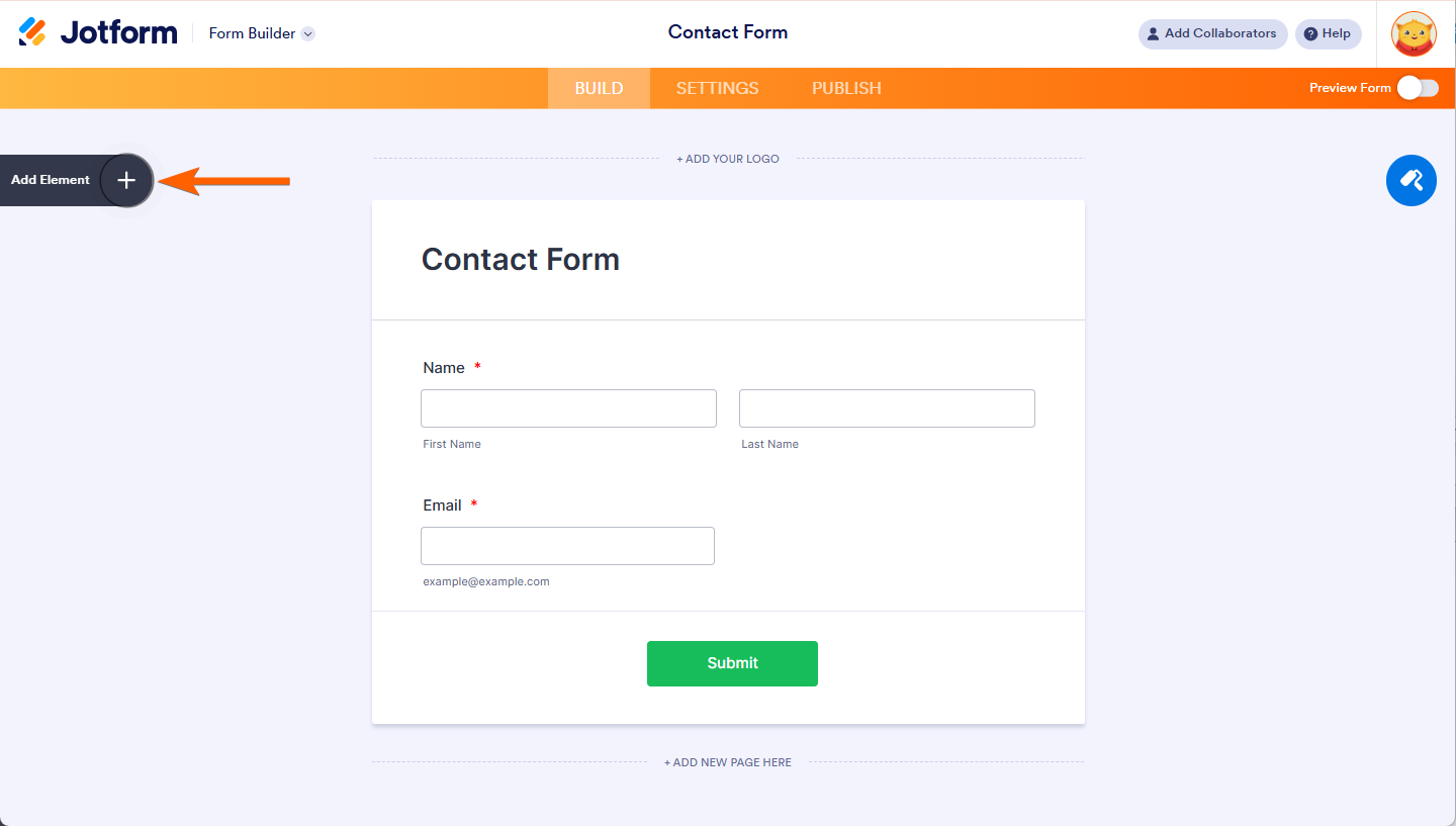 Botón Agregar elemento en el constructor de formularios Jotform