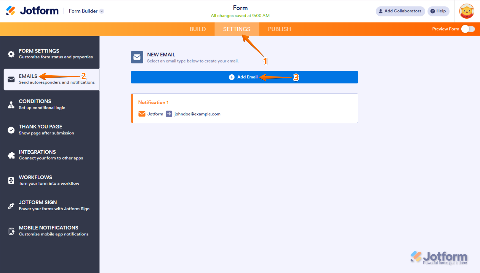 Add New Email option in Form Builder Jotform