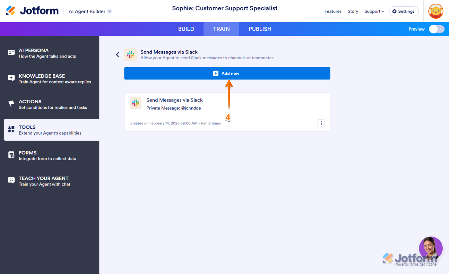 Add new button Slack Integration in AI Agent Jotform