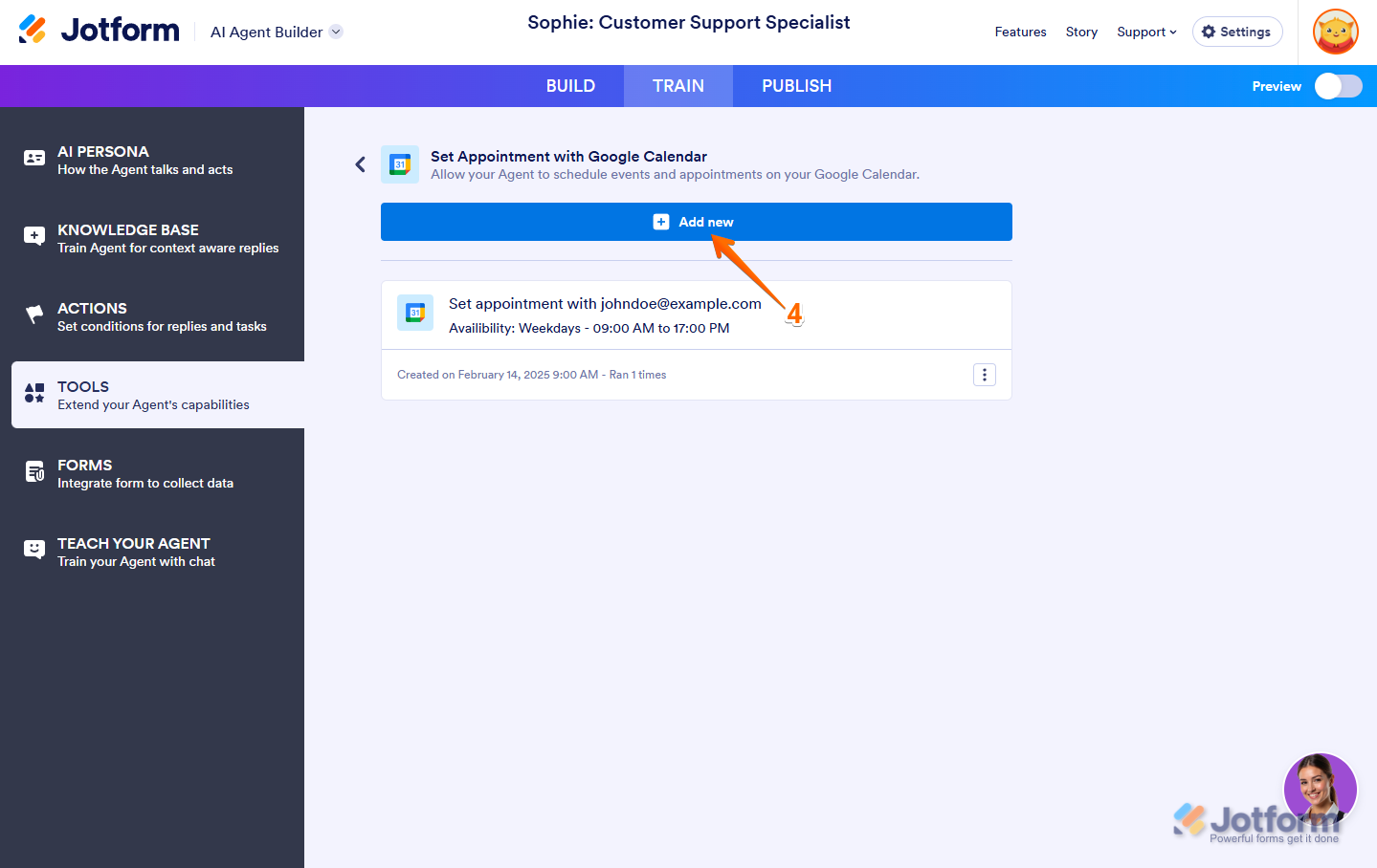 Add New Button Google Calendar Appointment Settings in AI Agent Jotform
