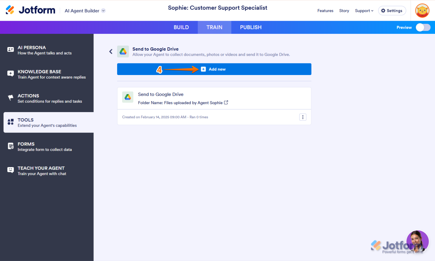 Add New Button Google Drive in AI Agent Jotform