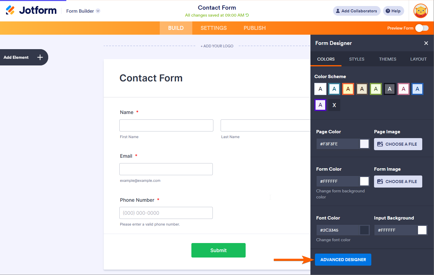 Botón de Diseñador Avanzado en Jotform